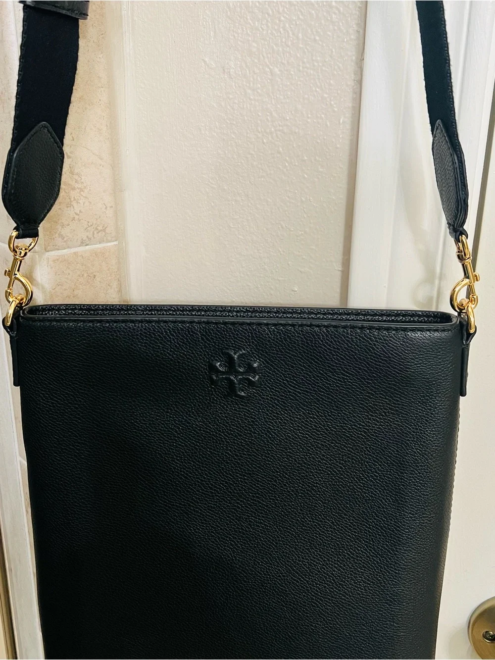 Tory Burch Black Pebbled Leather Crossbody with Gold Hardware